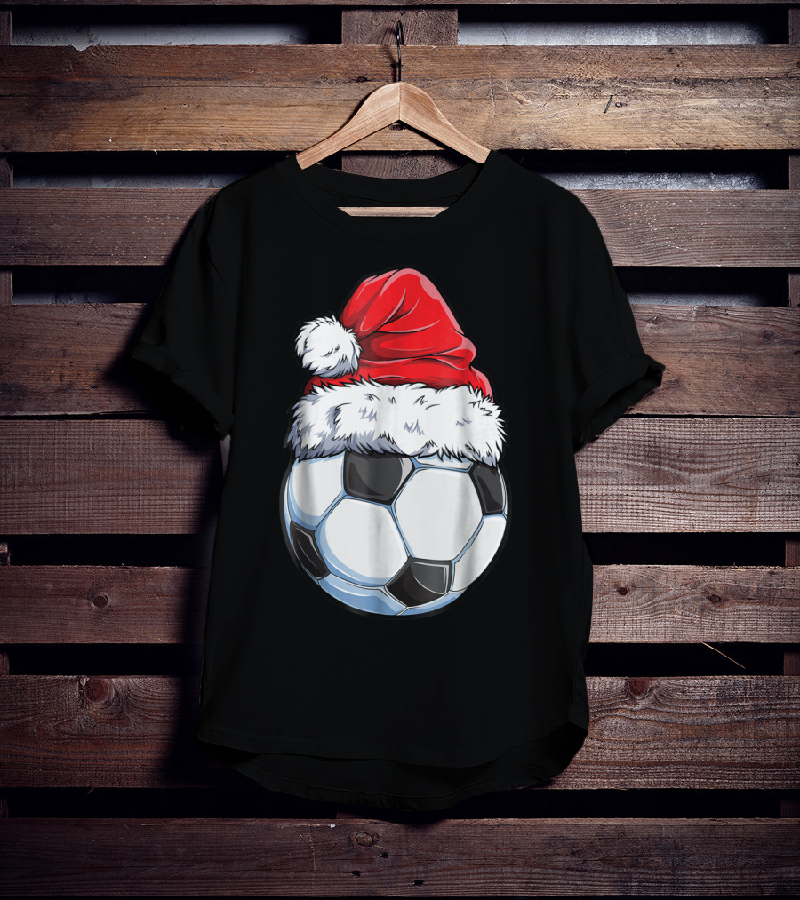 Santa Hat On Soccer Ball Christmas Xmas T-Shirt