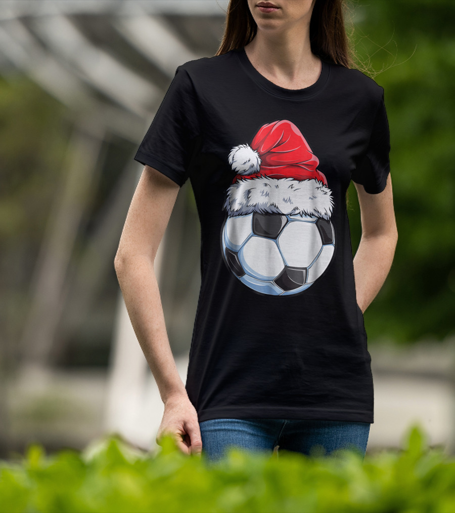 Santa Hat On Soccer Ball Christmas Xmas T-Shirt