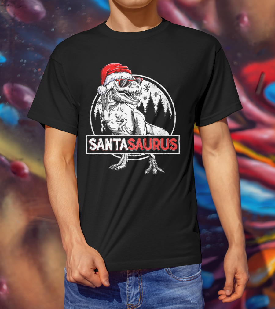 Santasaurus Dinosaur Rex Christmas T-Rex Wearing Santa Hat And Sunglasses T-Shirt