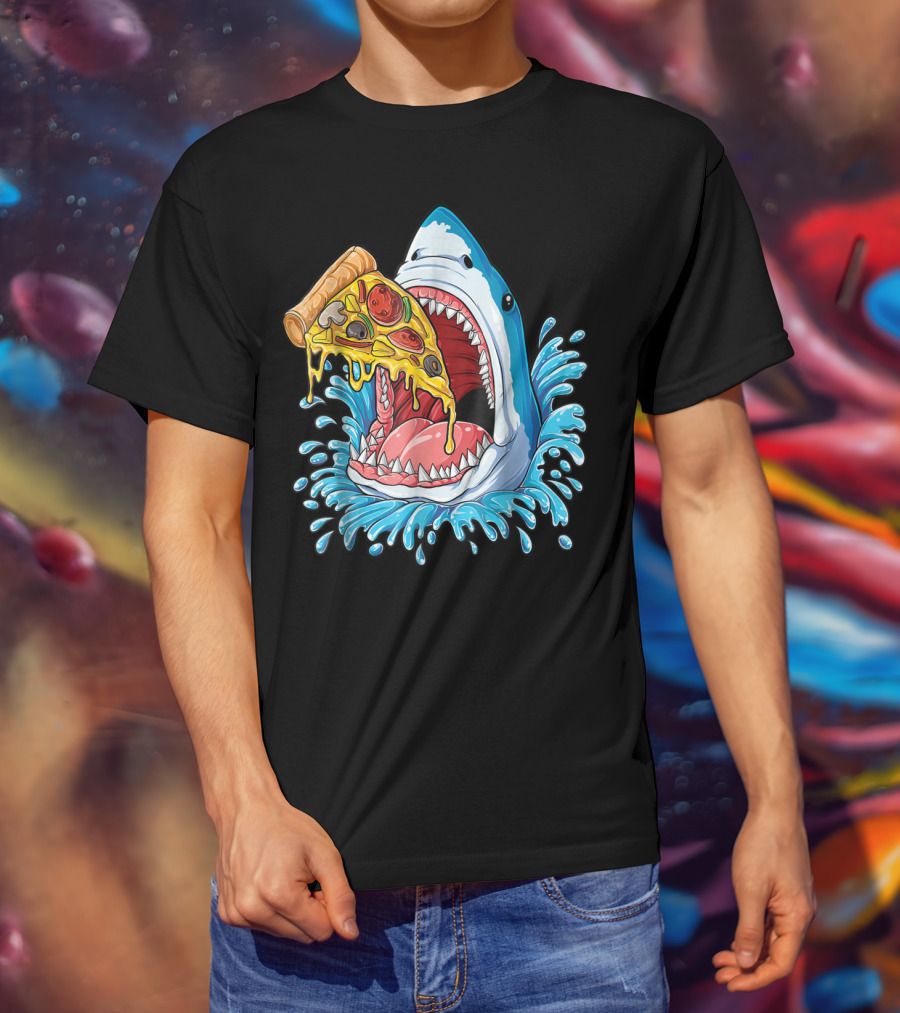 Shark Eating Pizza Splash Kids Boys Food Lovers T-Shirt