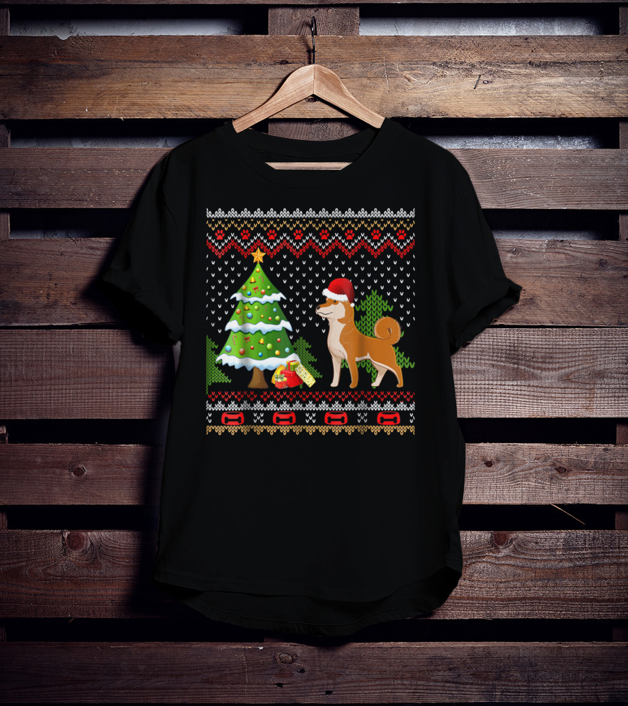 Shiba Inu Santa Christmas Tree Presents UglyDog T-Shirt