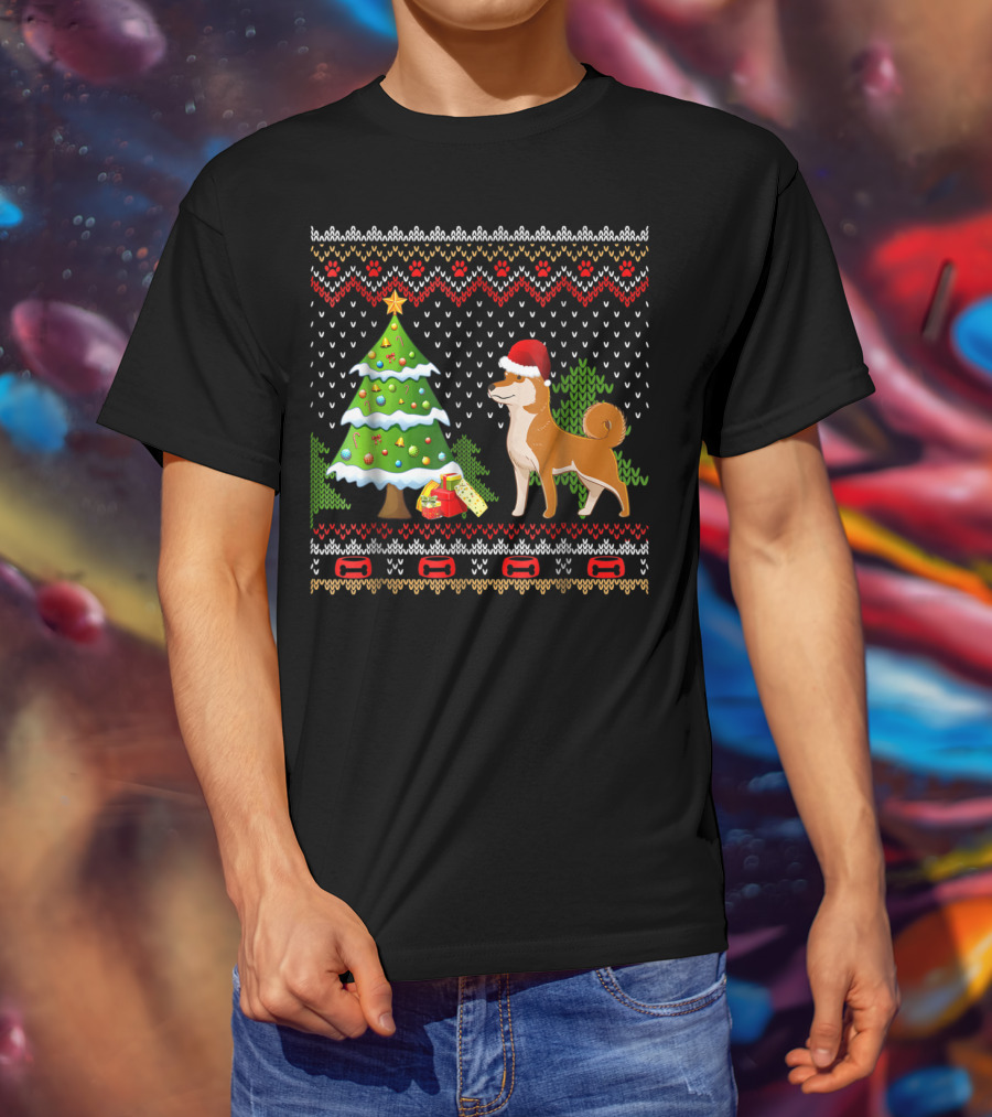 Shiba Inu Santa Christmas Tree Presents UglyDog T-Shirt