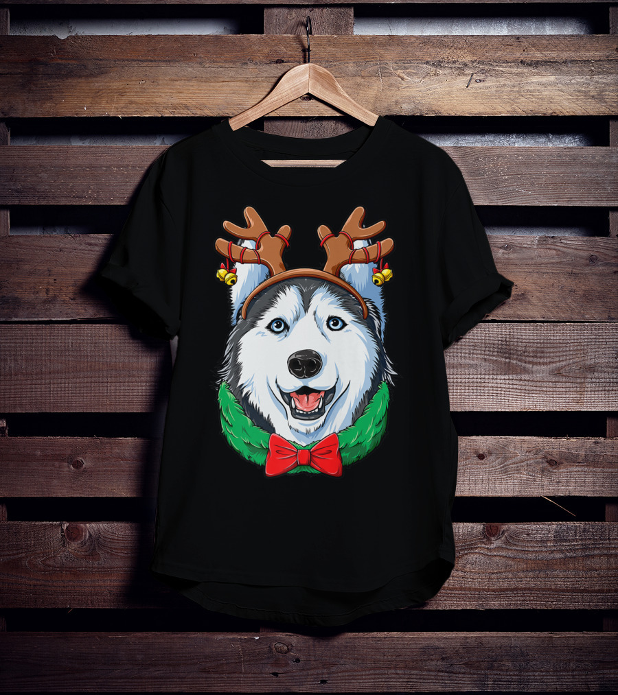 Siberian Husky With Christmas Reindeer Antlers And Festive Bow T-Shirt