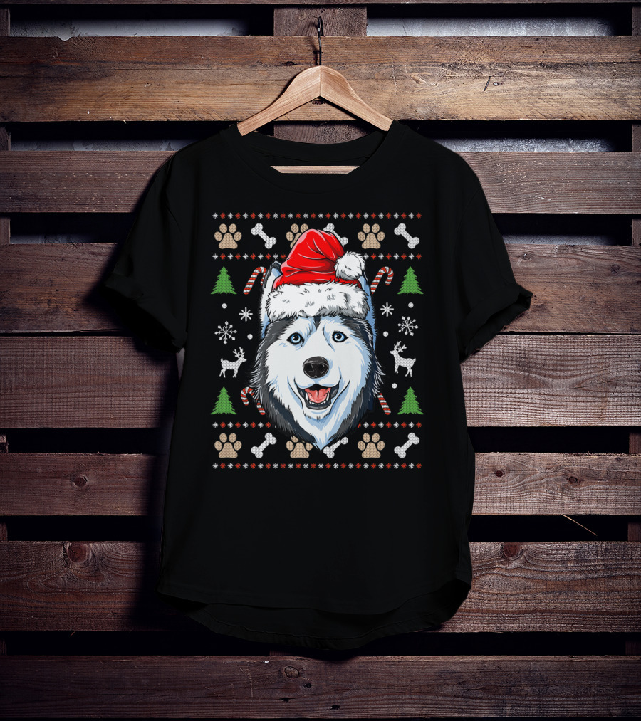 Siberian Husky Santa Hat Snowflakes Candy Canes Christmas Paw Prints T-Shirt
