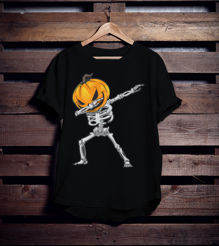 Skeleton Dabbing Halloween Scary Pumpkin Head Dance T-Shirt