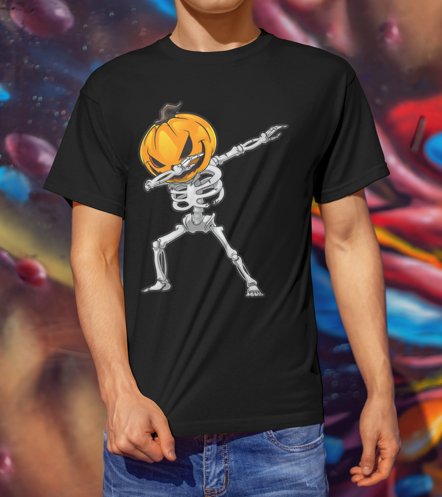 Skeleton Dabbing Halloween Scary Pumpkin Head Dance T-Shirt