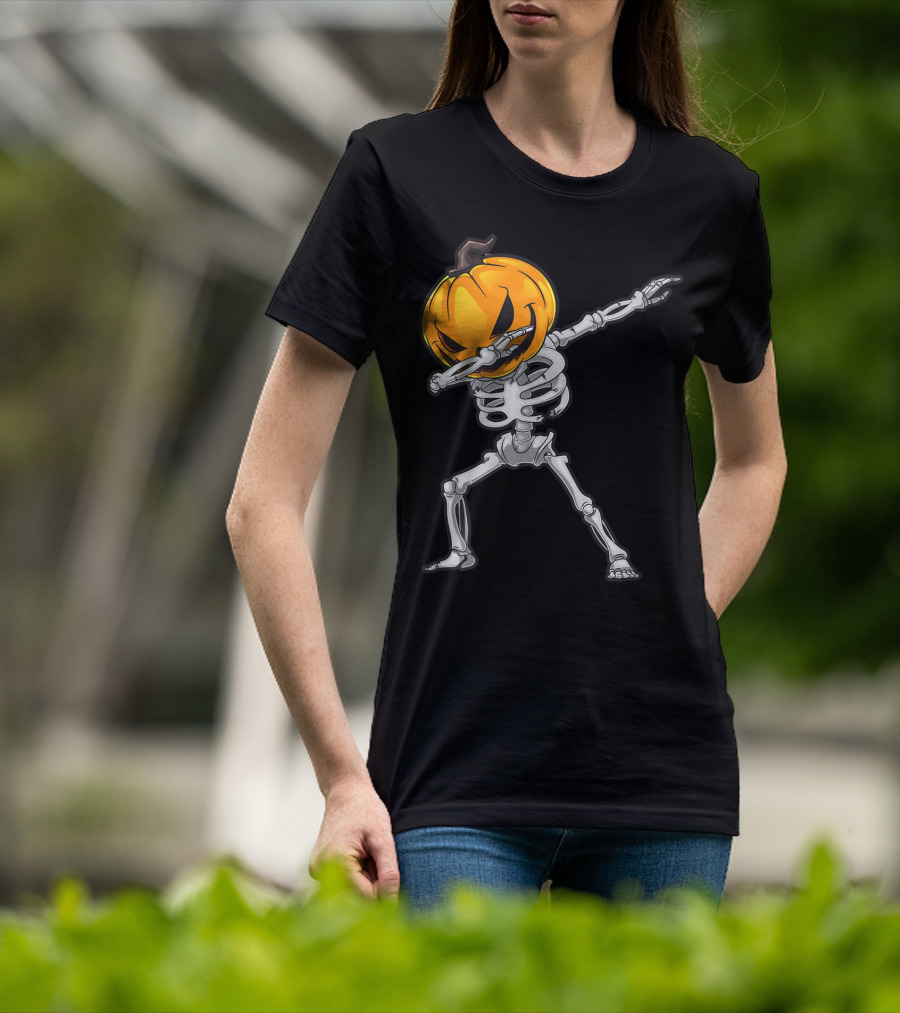 Skeleton Dabbing Halloween Scary Pumpkin Head Dance T-Shirt