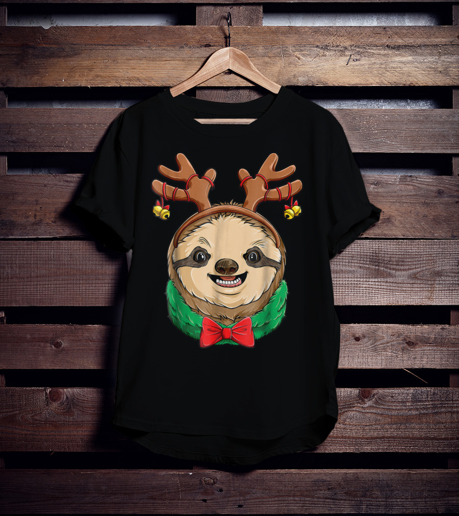 Sloth Christmas Reindeer Antlers Slothmas Xmas Festive Bow And Bells T-Shirt