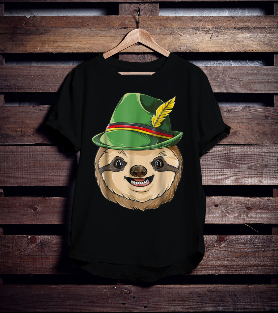 Sloth Oktoberfest Lederhosen Hat With Feather T-Shirt