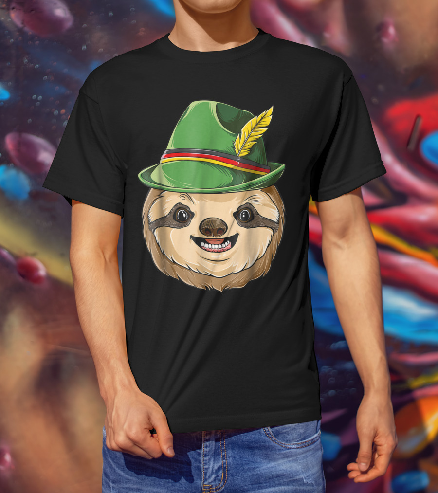 Sloth Oktoberfest Lederhosen Hat With Feather T-Shirt