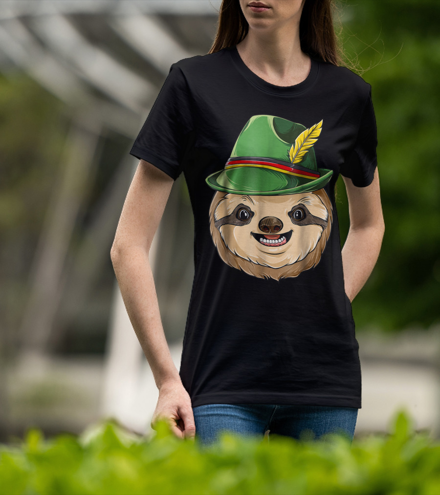 Sloth Oktoberfest Lederhosen Hat With Feather T-Shirt