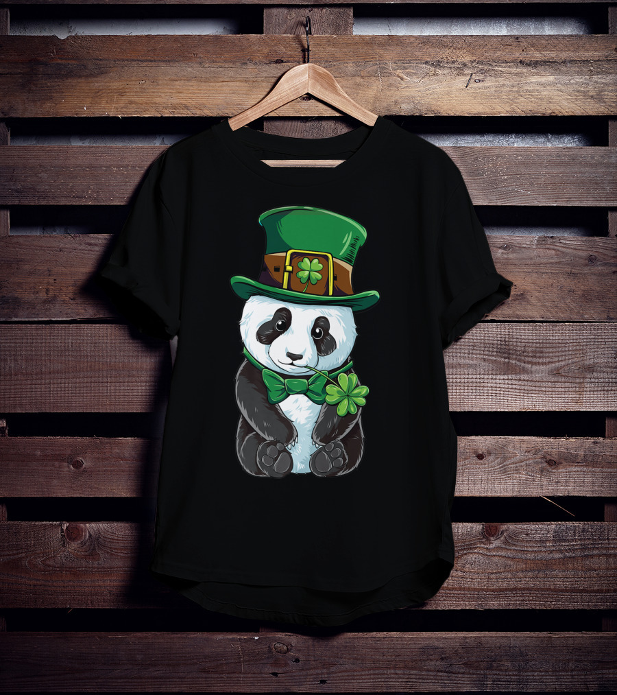 St Patricks Day Leprechaun Panda With Clover Cute Irish T-Shirt