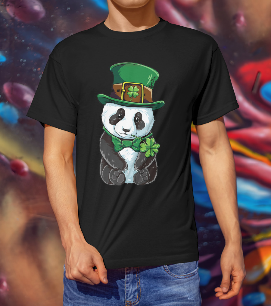St Patricks Day Leprechaun Panda With Clover Cute Irish T-Shirt