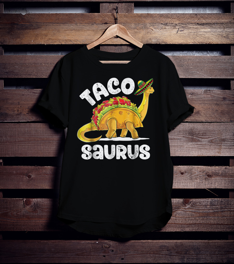 Tacosaurus Dinosaur Wearing Sombrero With Taco Shell Saddle T-Shirt