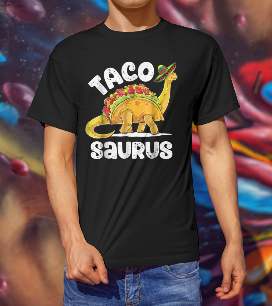 Tacosaurus Dinosaur Wearing Sombrero With Taco Shell Saddle T-Shirt