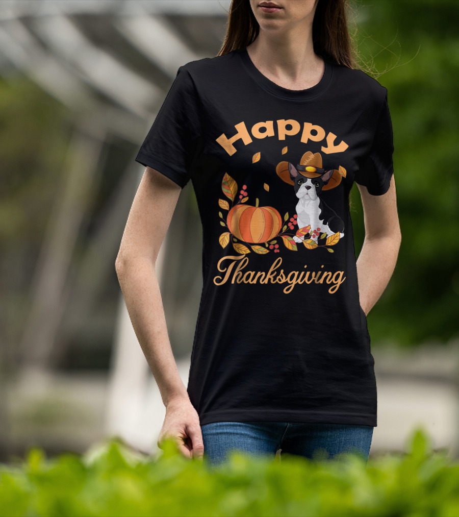 Happy Thanksgiving French Bulldogs Pilgrim Pumpkin Leaves T-Shirt