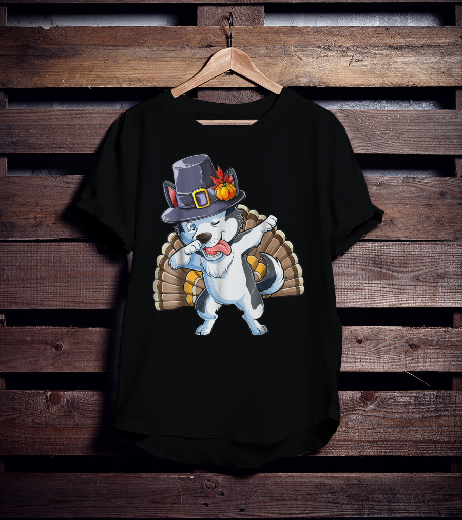 Thanksgiving Dabbing Siberian Husky In Pilgrim Hat With Turkey Feathers T-Shirt