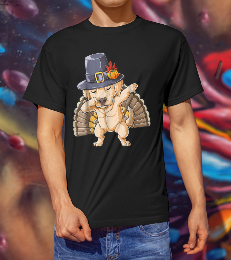 Thanksgiving Labrador Dabbing In Pilgrim Hat With Turkey Feathers T-Shirt