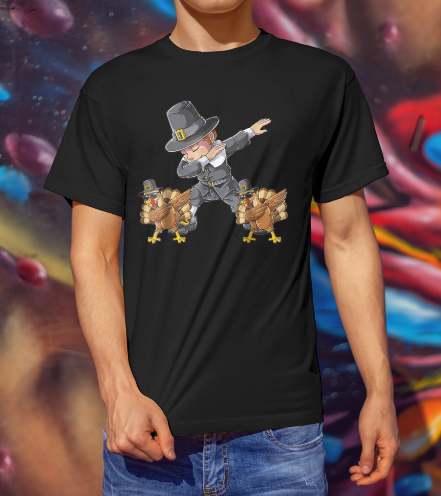 Thanksgiving Dabbing Pilgrim With Turkeys Kids UL T-Shirt