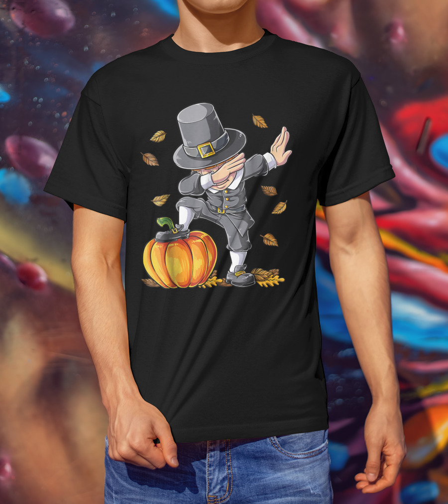 Thanksgiving Pilgrim Dabbing Kid With Pumpkin And Autumn Leaves T-Shirt