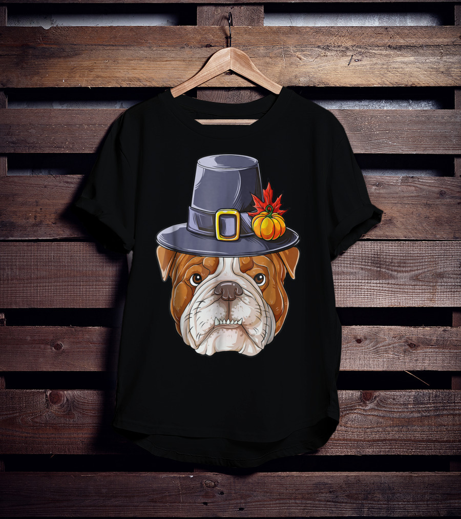 Thanksgiving Kids English Bulldog Pilgrim Hat Pumpkin Maple Leaf T-Shirt