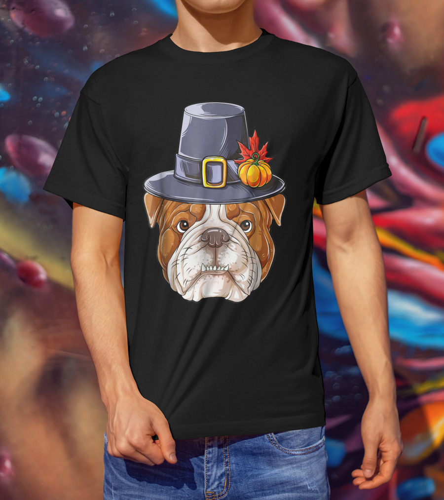 Thanksgiving Kids English Bulldog Pilgrim Hat Pumpkin Maple Leaf T-Shirt