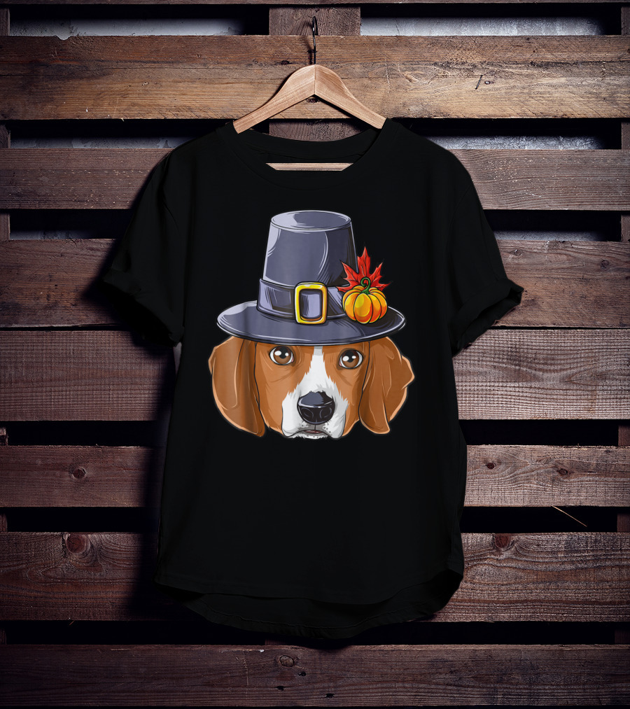 Thanksgiving Beagle Pilgrim Hat Pumpkin Leaf T-Shirt