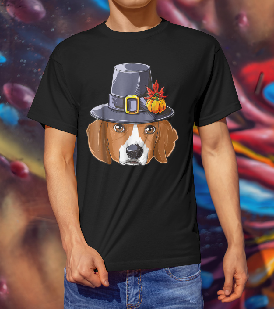 Thanksgiving Beagle Pilgrim Hat Pumpkin Leaf T-Shirt