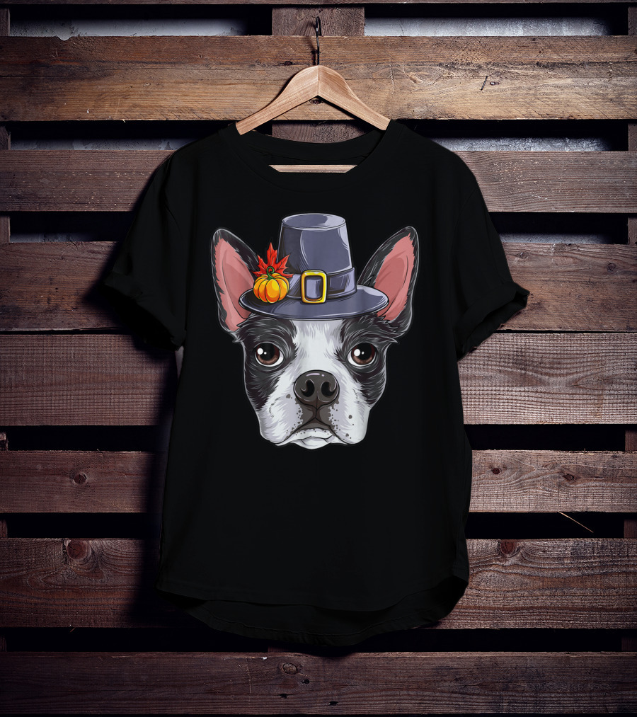 Thanksgiving Boston Terrier Pilgrim Hat Pumpkin T-Shirt