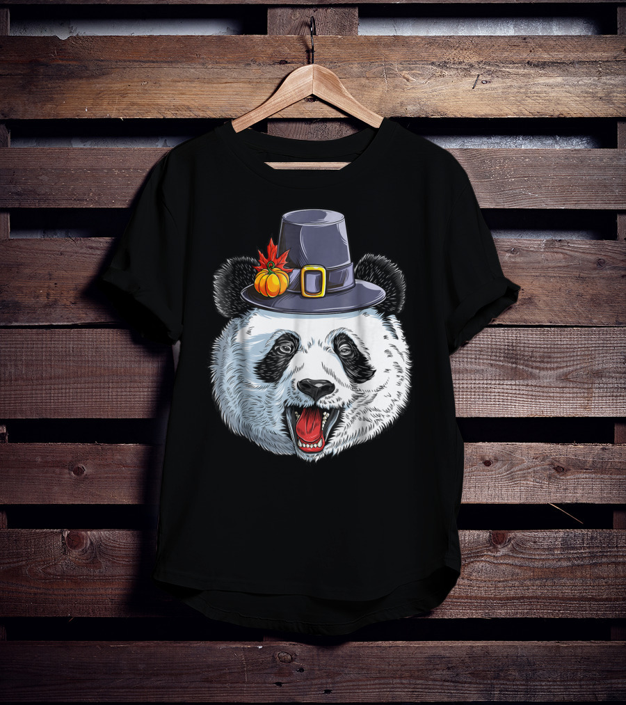 Thanksgiving Panda In Pilgrim Hat With Pumpkin And Leaves T-Shirt
