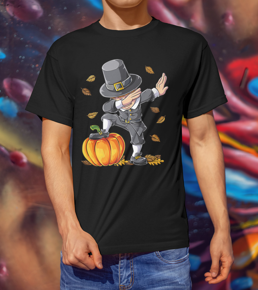 Thanksgiving Dabbing Pilgrim Boy Pumpkin Autumn Leaves T-Shirt