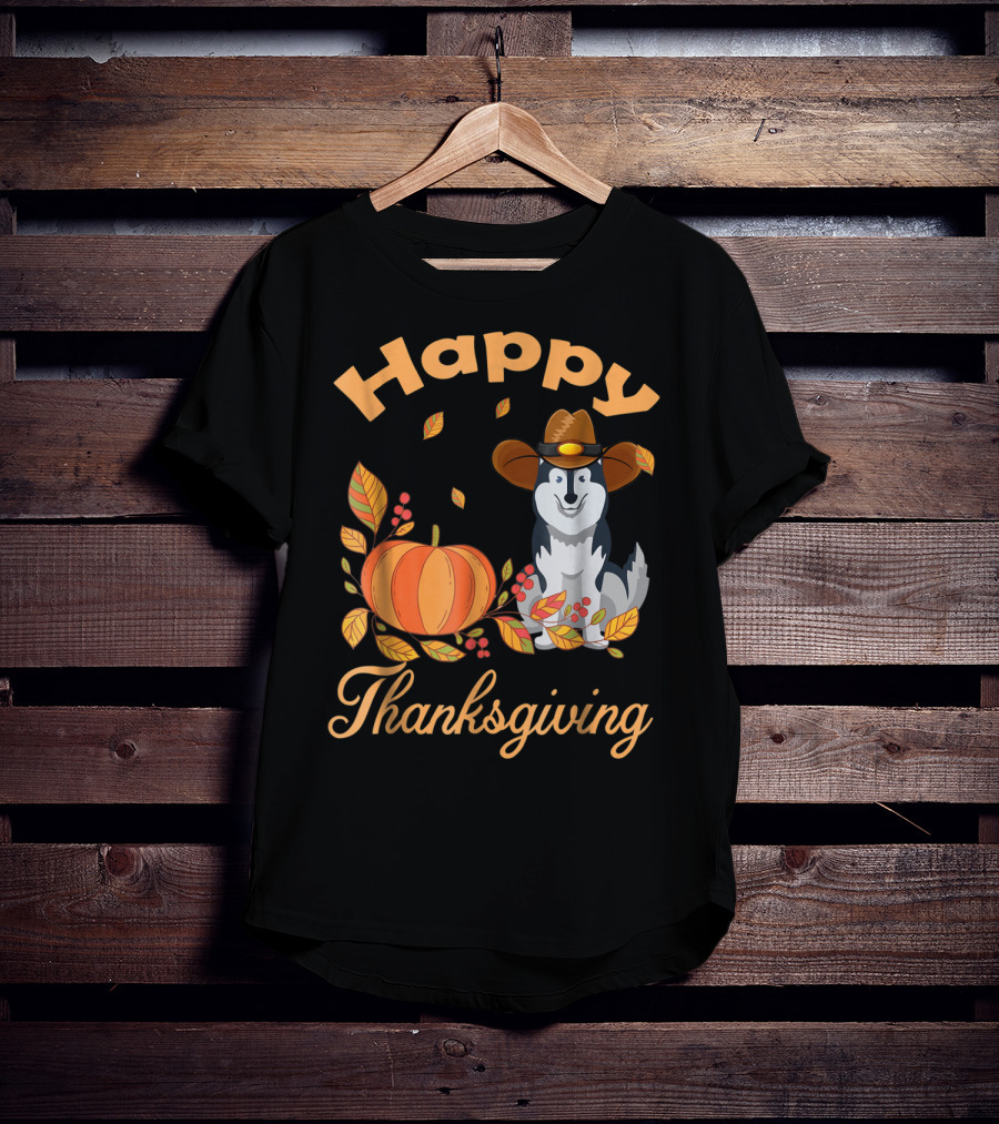 Happy Thanksgiving Siberian Husky With Pumpkin And Fall Leaves T-Shirt