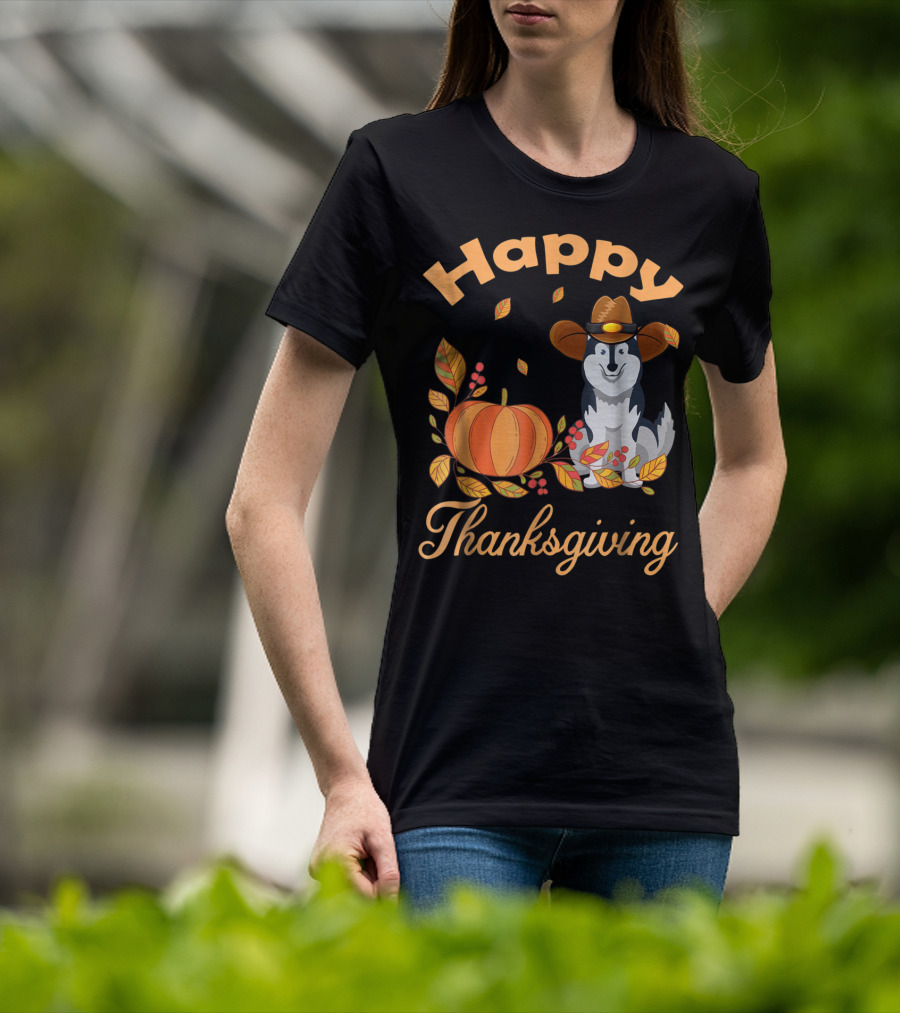 Happy Thanksgiving Siberian Husky With Pumpkin And Fall Leaves T-Shirt
