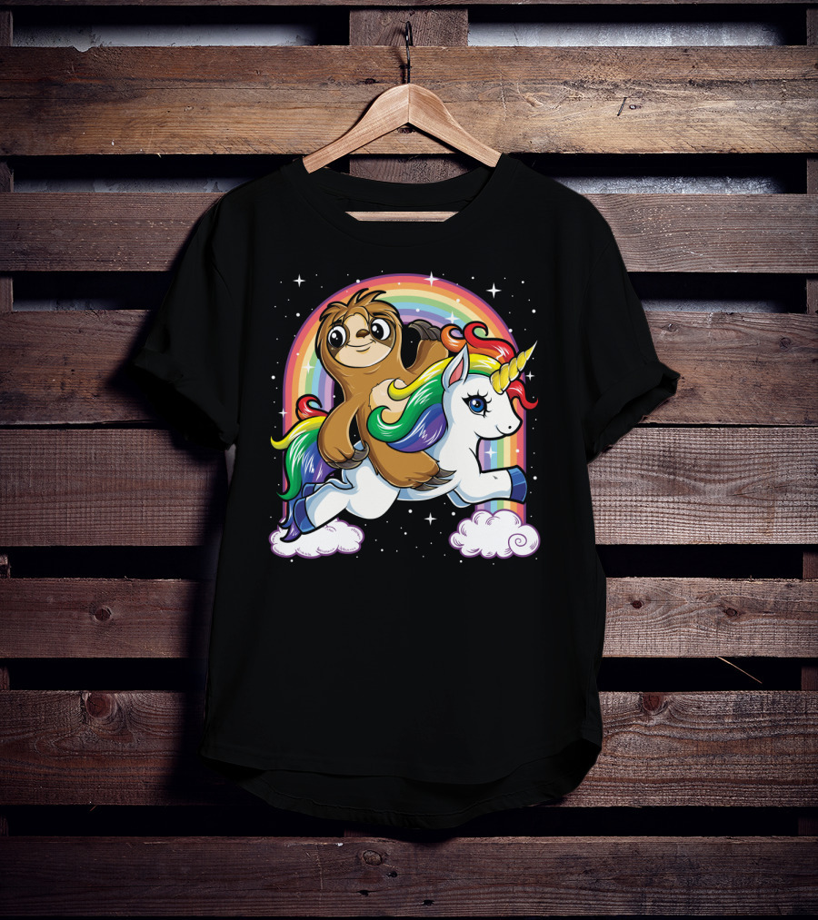 Sloth Riding Unicorn Rainbow Slothicorn Women Kids Fun T-Shirt