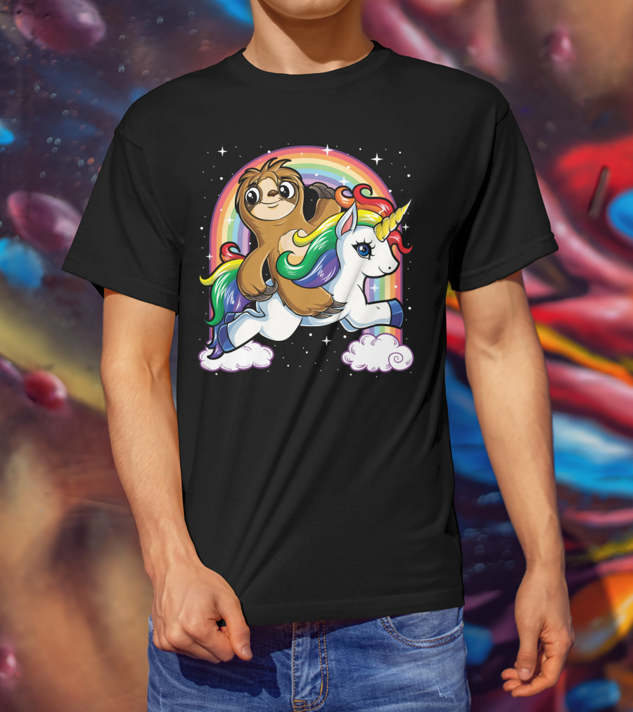 Sloth Riding Unicorn Rainbow Slothicorn Women Kids Fun T-Shirt