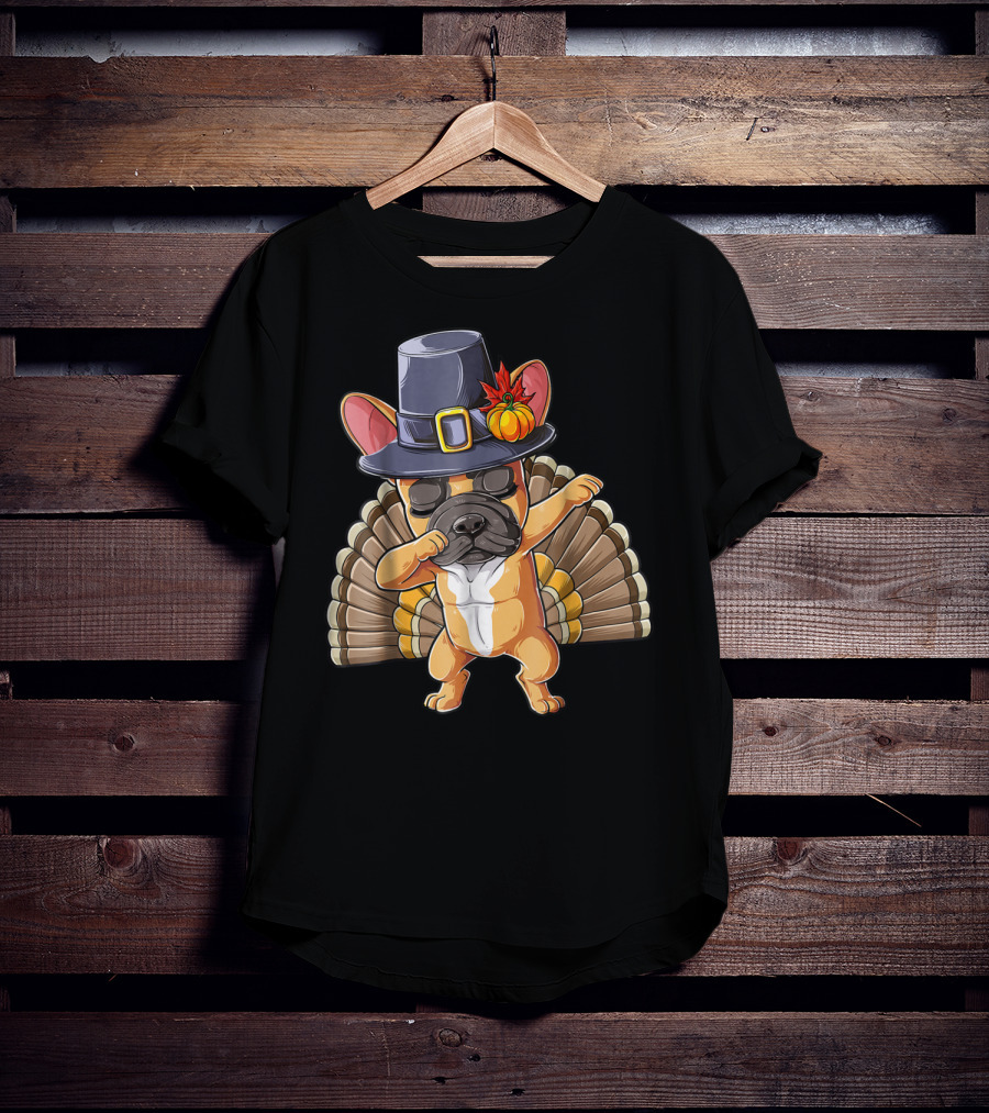 Thanksgiving Dabbing French Bulldog Pilgrim Hat Turkey Tail T-Shirt
