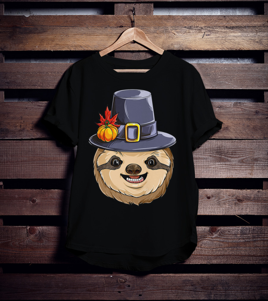 Thanksgiving Sloth With Pilgrim Hat Pumpkin And Autumn Leaves T-Shirt