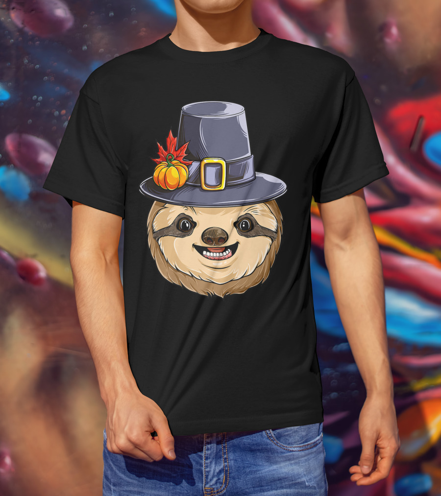 Thanksgiving Sloth With Pilgrim Hat Pumpkin And Autumn Leaves T-Shirt
