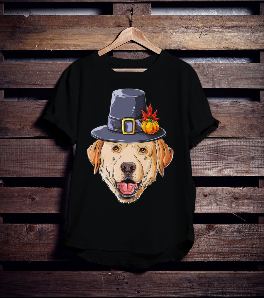 Thanksgiving Dog In Pilgrim Hat With Pumpkin And Leaf T-Shirt