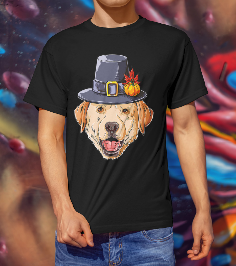 Thanksgiving Dog In Pilgrim Hat With Pumpkin And Leaf T-Shirt