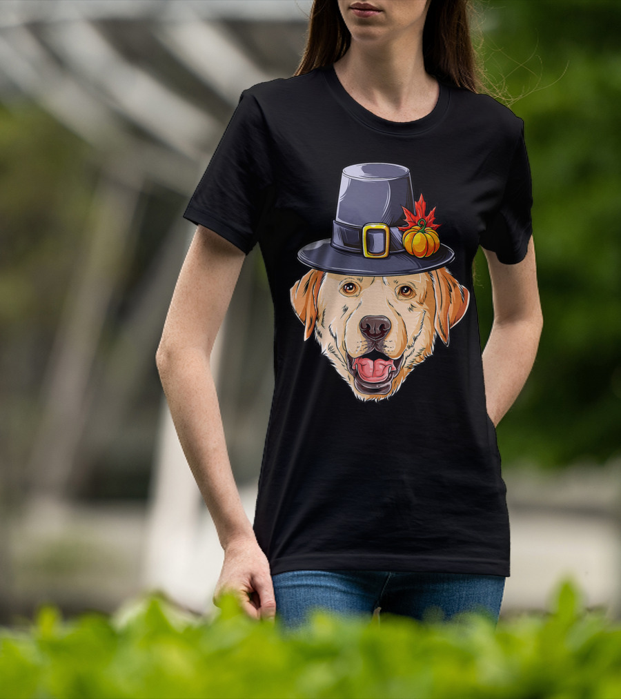Thanksgiving Dog In Pilgrim Hat With Pumpkin And Leaf T-Shirt