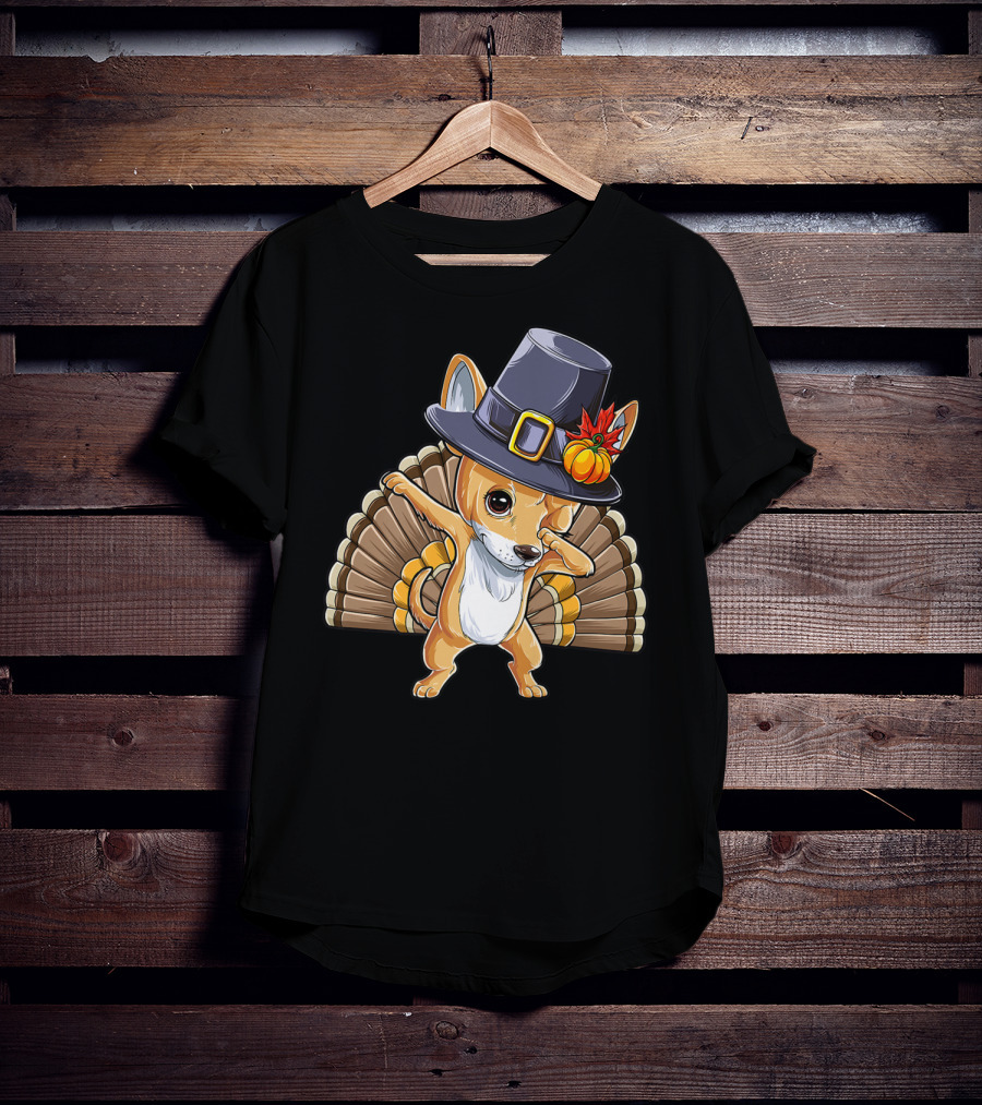 Thanksgiving Dabbing Chihuahua Pilgrim Hat Turkey Feathers T-Shirt