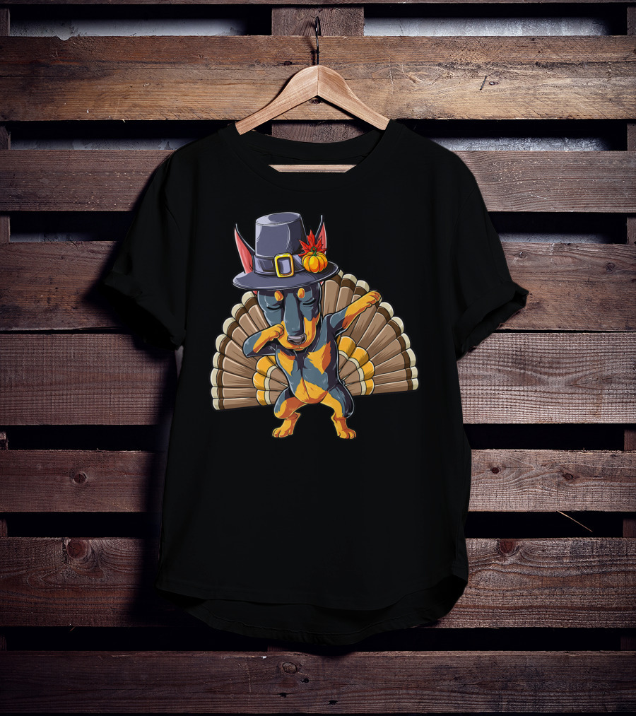 Thanksgiving Dabbing Doberman Pilgrim Hat Turkey Feather Background T-Shirt