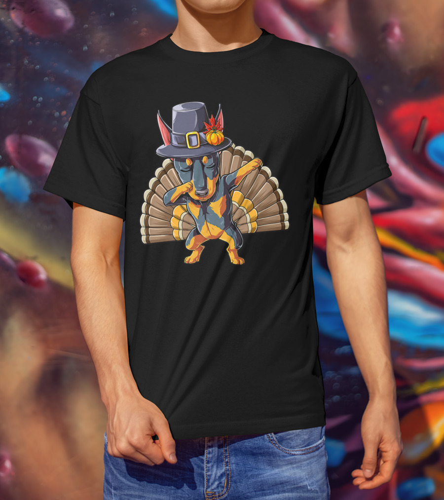 Thanksgiving Dabbing Doberman Pilgrim Hat Turkey Feather Background T-Shirt