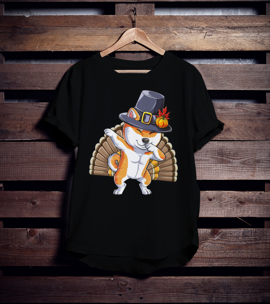 Thanksgiving Dabbing Shiba Inu Pilgrim Hat Turkey Background T-Shirt
