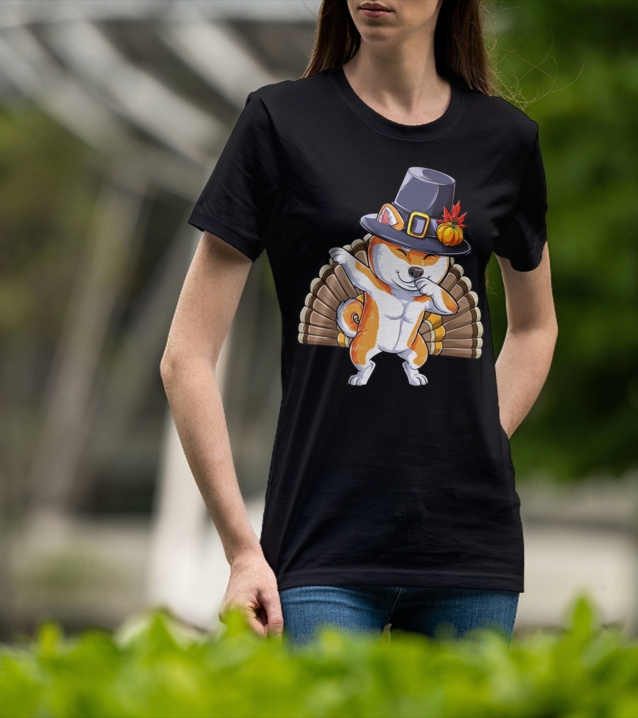 Thanksgiving Dabbing Shiba Inu Pilgrim Hat Turkey Background T-Shirt
