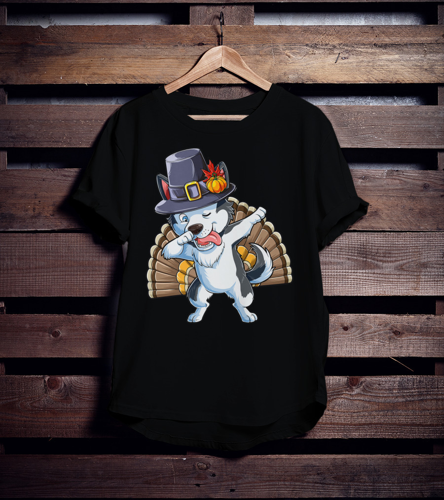 Thanksgiving Kids Dabbing Siberian Husky With Pilgrim Hat And Turkey Tail T-Shirt