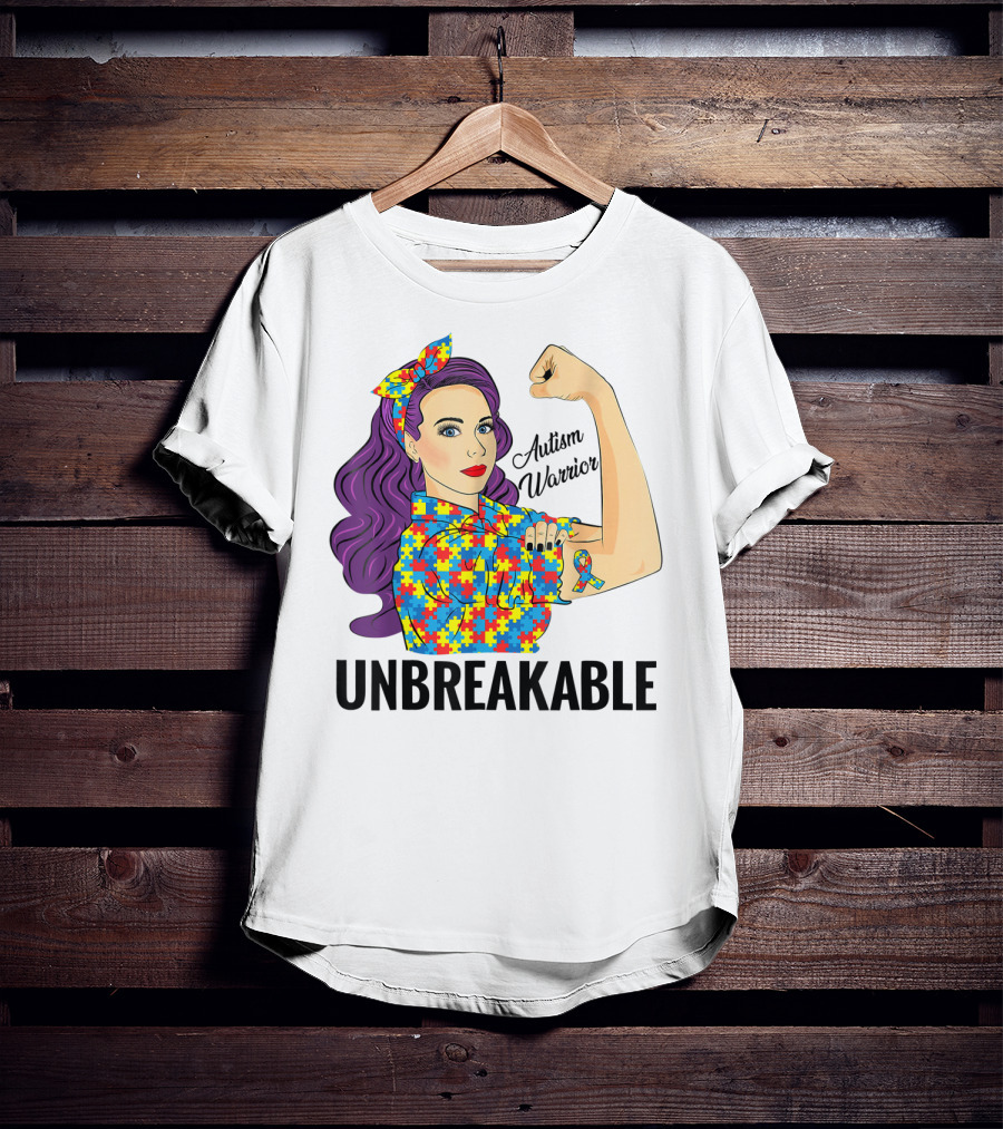 Autism Awareness Warrior Unbreakable Puzzle Ribbon Rosie The Riveter T-Shirt