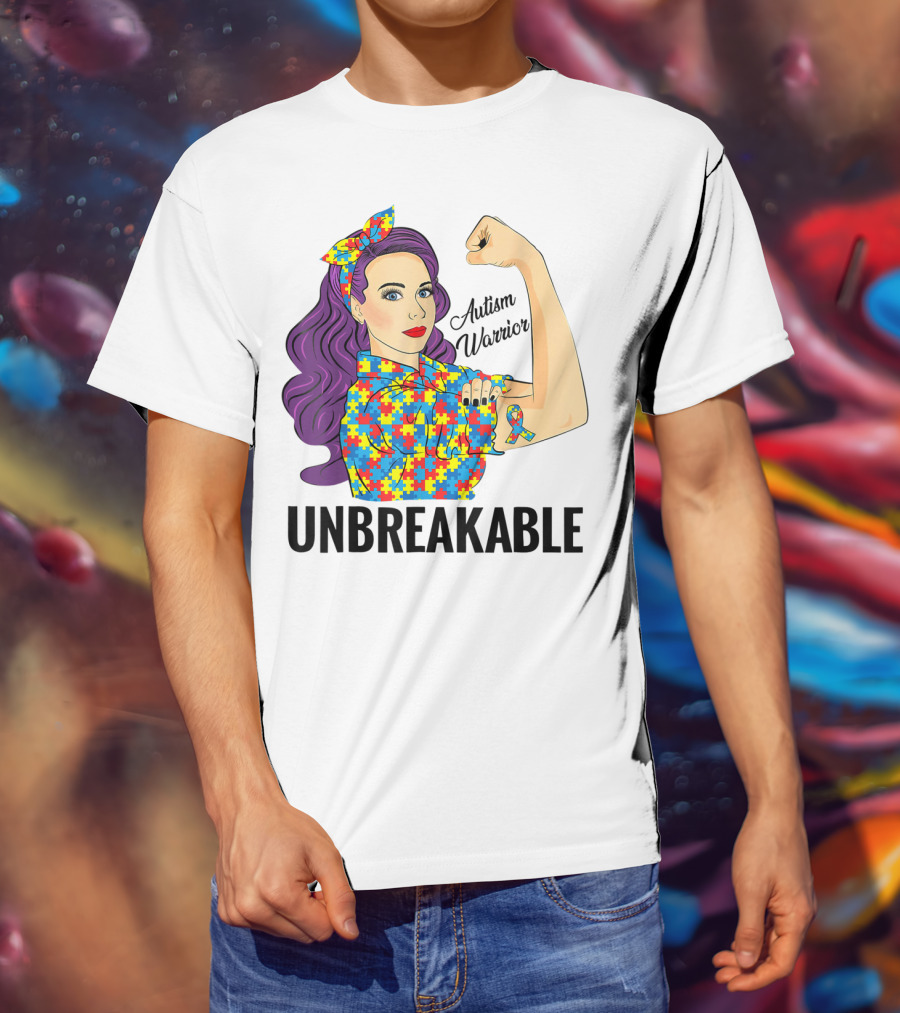 Autism Awareness Warrior Unbreakable Puzzle Ribbon Rosie The Riveter T-Shirt