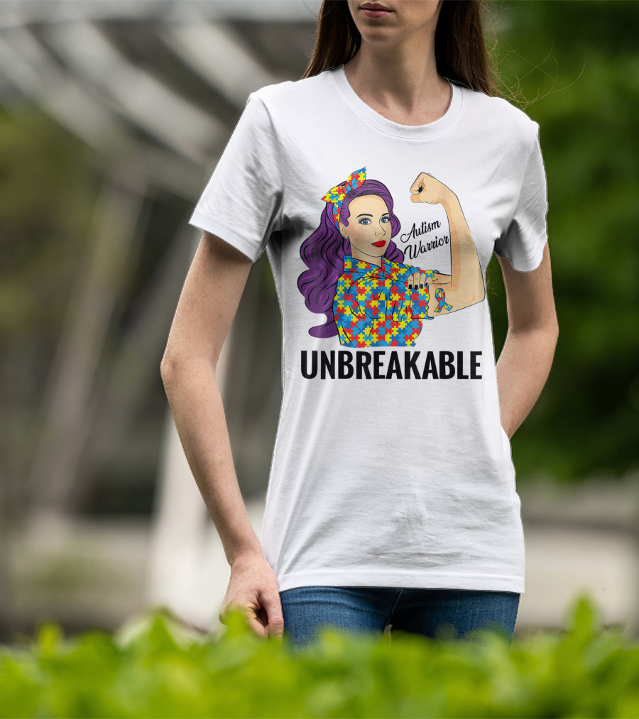 Autism Awareness Warrior Unbreakable Puzzle Ribbon Rosie The Riveter T-Shirt